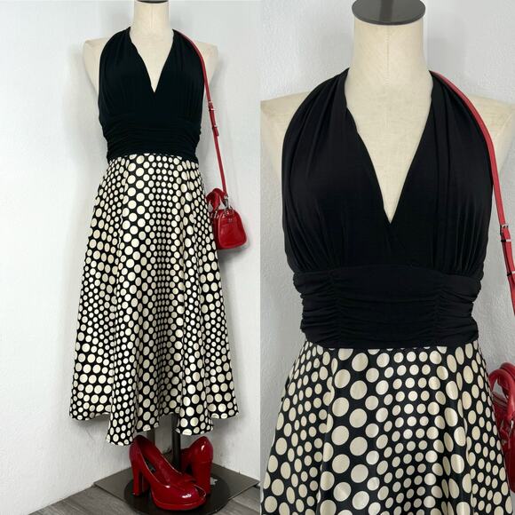 Reto Style Black Polkadot Halter Midi Dress Pin UP Size 8 - Picture 1 of 8